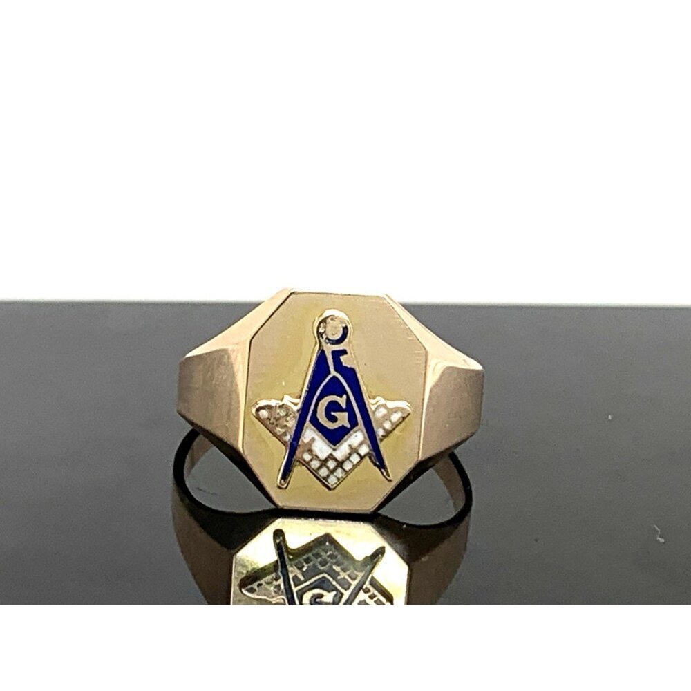 Masonic Ring 10k Yellow Gold Freemasonry Blue G Logo Vintage Men's Size 9